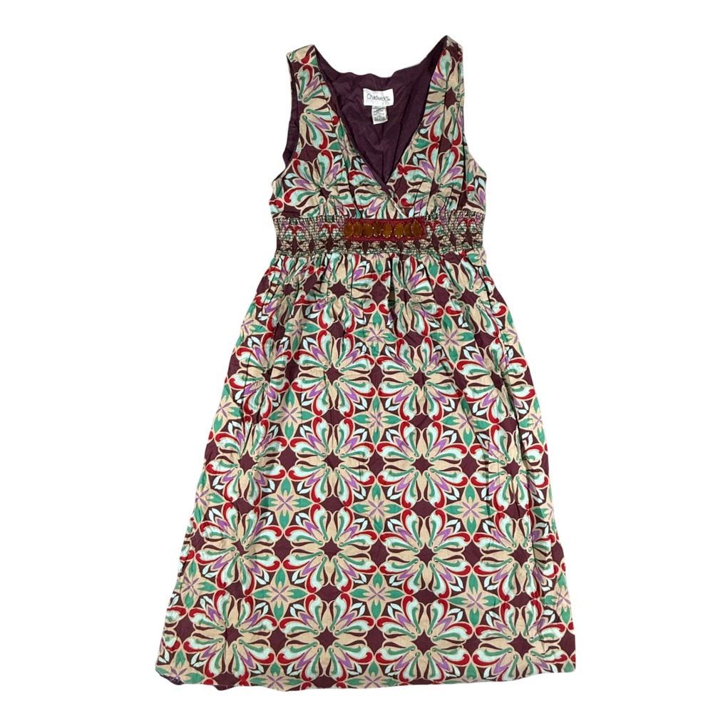 Chadwick's Floral Medallion Boho Dress 8 Burgundy Cotton Smocked Midi Chic Indie